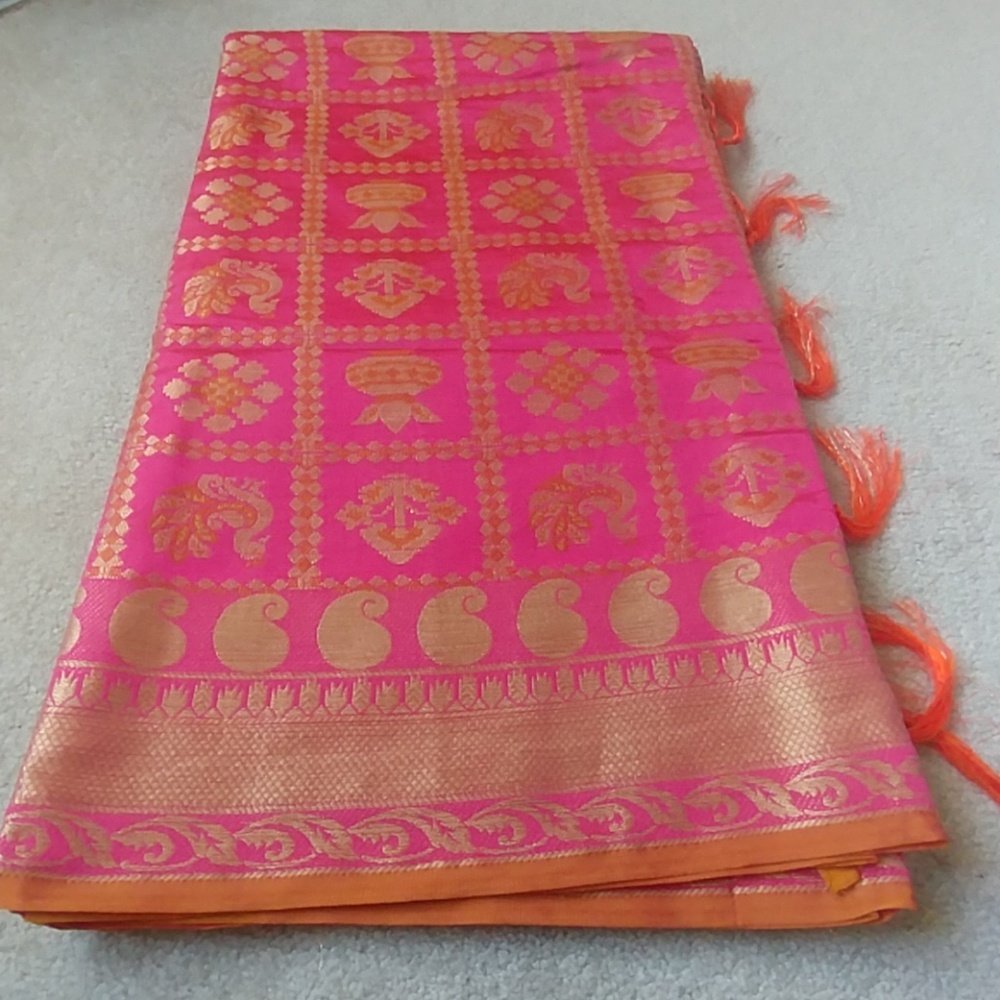 Saree with Blouse and petticoat - Pink, yellow and gold